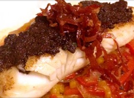 Virginia Monaco Hake a la Plancha with Empeltre Olive Spread and Piperade